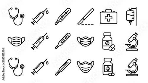 Canvas Print Set of outline medical equipment and healthcare icons