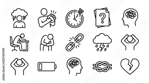 Photos Set of stress related outline icons in linear black style