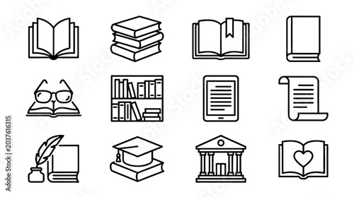 Bild auf Leinwand Set of book and reading outline icons in linear vector style