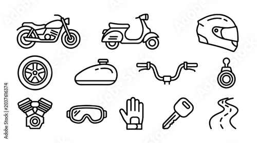 Motorcycle and scooter outline icon set with riding accessories