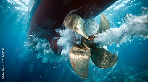 Massive ship propeller churning water creating intense underwater turbulence and cavitation bubbles during maritime navigation.