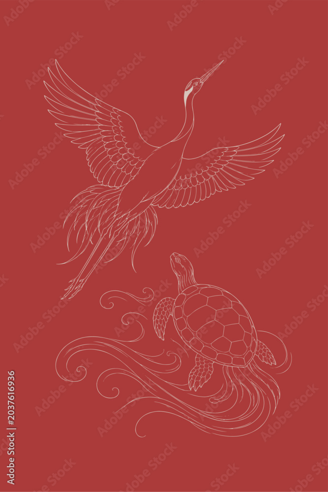 Fototapeta premium Crane and Turtle Line Art Vector, Terracotta and Beige, Japanese Auspicious Wall Art, AI Generated