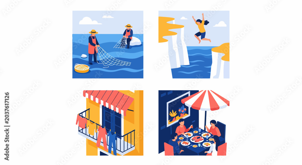 Naklejka premium Traditional Mediterranean Coastal Life Scenes showing Fishermen Cliff Jumping Balcony with Laundry and Outdoor Seafood Dinner Together