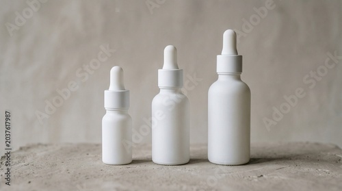 Three white minimalist cosmetic dropper bottles of varying sizes, arranged on a textured light gray stone surface against a plain background.