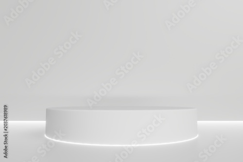 Minimalist white cylinder podium for cosmetic product presentation, 3D render backdrop.