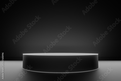 Modern black pedestal stand for luxury product showcase, dark studio 3D render.