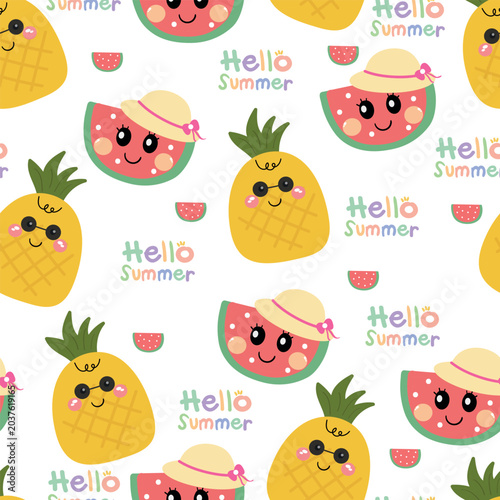 Seamless pattern cute cartoon pineapple and watermelon character design with sunglasses. cute pattern for summer wallpaper