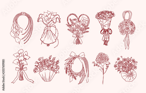 Set of wedding flower bouquets. Vector flowers. Collection of vector illustrations with roses, calla lilies, and hydrangeas. Hand-drawn. Floral arrangements. Bridal bouquets. Wedding design.