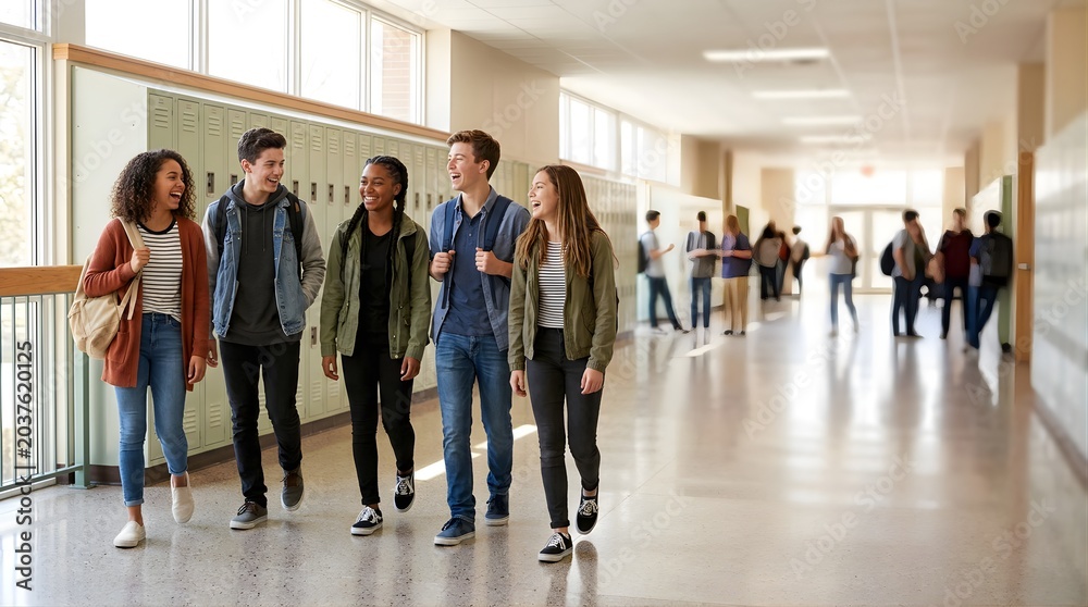 Fototapeta premium Diverse high school students laughing while walking through a school hallway
