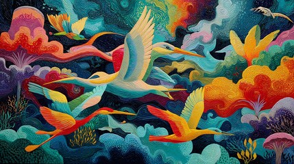 Vibrant flock of colorful birds flying through a fantastical, abstract sky fantasy photo
