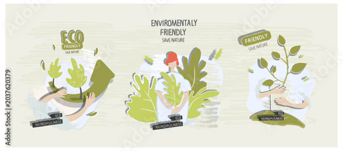 Vector cartoon sketch of banners or set  landing pages  as a sign of protection of the environment.Volunteers plant trees. Activities for environmental protection. Sustainable lifestyle.