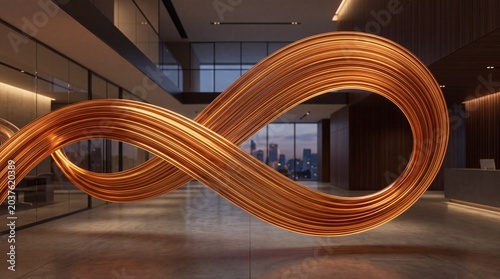 Abstract copper loop in modern office interior