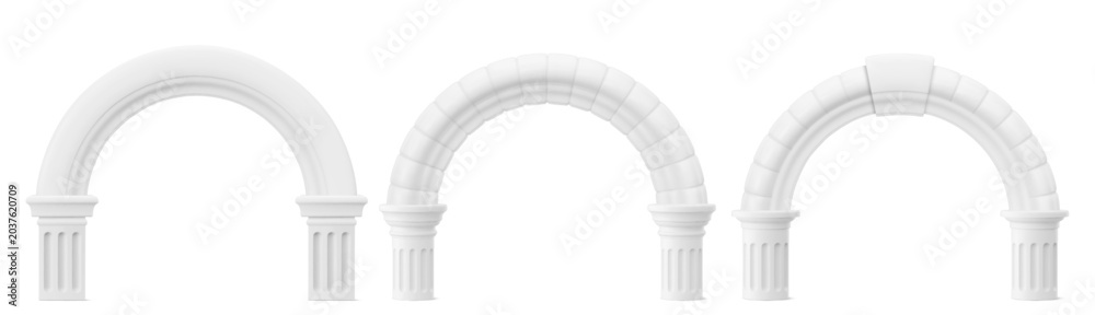 Naklejka premium Ancient Roman arches set isolated on background. Vector realistic illustration of classic white stone columns and pillar details, 3D Greek marble molding gateways, elegant presentation design elements