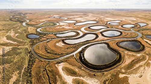 Aerial view of meandering river and oxbow lakes