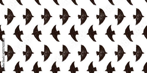 Canvas Print Bird seamless pattern with monochrome crayon charcoal scribble for print