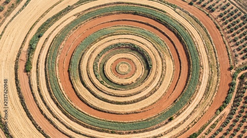 Aerial view of circular terraced crop patterns