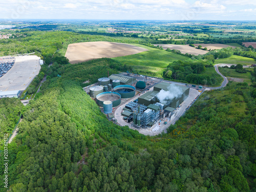 Photos Close-up aerial view of an anaerobic digestion biomass plant and renewable waste