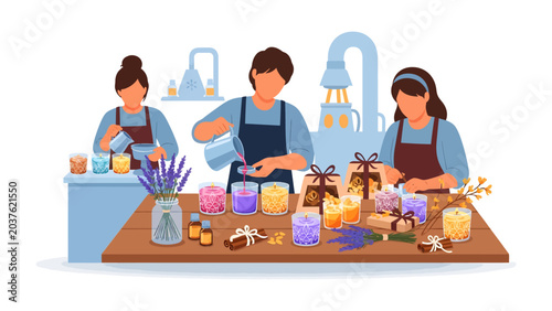 Εκτύπωση καμβά Candle Making Workshop: Three individuals, engrossed in the craft, meticulously pour molten wax into jars, surrounded by fragrant lavender, essential oils, and beautifully packaged finished candles