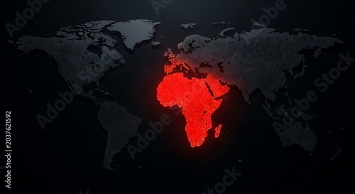 Dark map with a glowing red highlighted african continent representing regional crisis, health emergency, or geopolitical focus in the area
