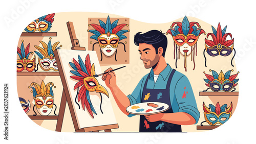 Obraz na plátně Artist Crafting Carnival Mask: A skilled artist is engrossed in painting a vibrant Venetian-style mask, surrounded by a collection of his colorful creations