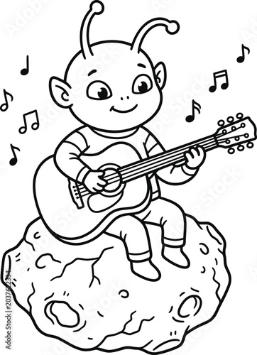Doodle Alien Playing Acoustic Guitar on Space Rock Line Art Vector