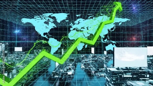 Abstract digital finance concept with upward trend line over city