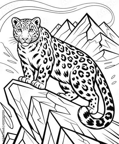 Canvas Print Snow leopard standing on rocky terrain with mountain landscape in the, illustrat