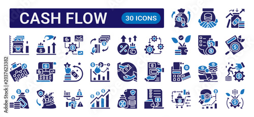 Fotografie Cash flow glyph icon set with dual color style featuring banking, investment, ac