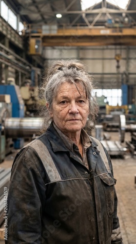 A weathered woman with gray hair pulled back stands in a factory, her work uniform stained with dirt. She looks directly at the camera with a serious expression.