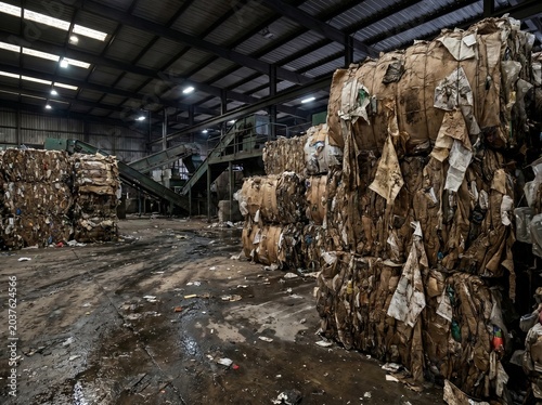 Industrial facility filled with compressed bales of cardboard and paper. The scene depicts a recycling or waste management operation, highlighting the processing of materials.