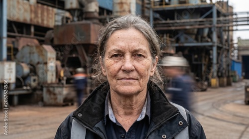 Portrait of a weathered, determined woman standing in an industrial complex. Her face shows resilience, with the backdrop of machinery and workers blurred in motion.