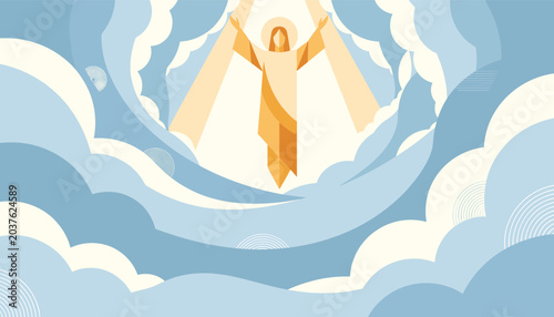 Schilderij op canvas A stylized depiction of Jesus Christ ascending into heaven, surrounded by radiant light and fluffy clouds