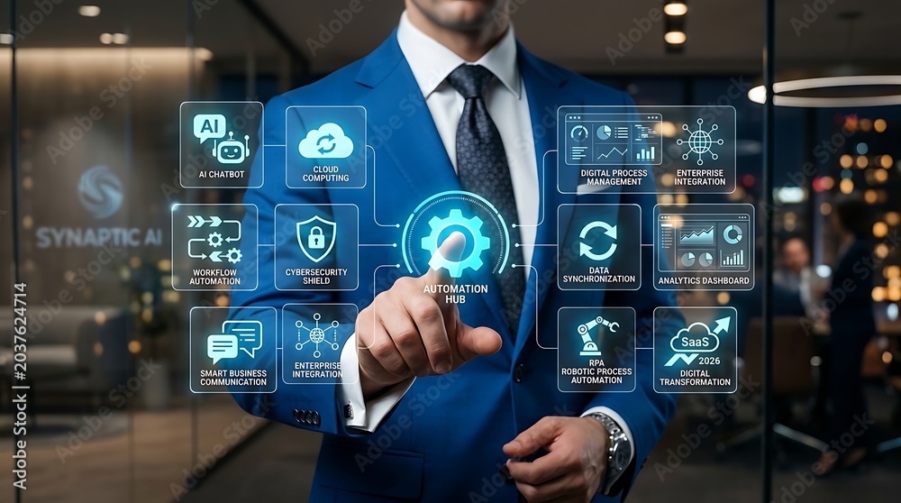 Obraz premium Businessman interacting with digital automation hub hologram featuring cloud computing cybersecurity and RPA business process integration icons