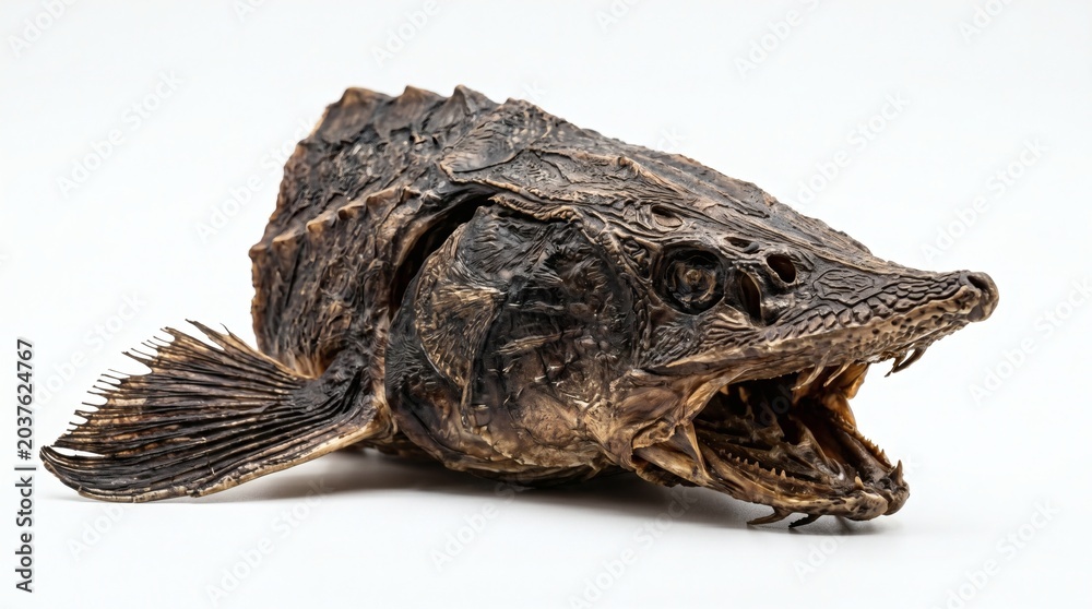 Obraz premium Detailed Close-Up of a Preserved Sturgeon Head on White Background.
