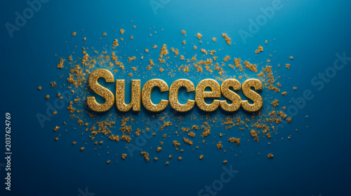 Gold Success with Glitter Particles on Blue Background