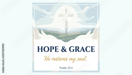 Konstfotografi A serene Christian graphic featuring a cross, clouds, and the inspiring quote He restores my soul