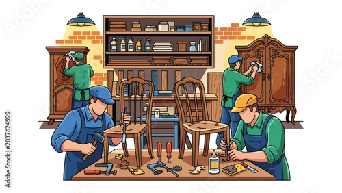 Foto Furniture Restoration Workshop: Skilled artisans meticulously restore antique wooden furniture in a well-equipped workshop, bringing worn pieces back to life with precision and care