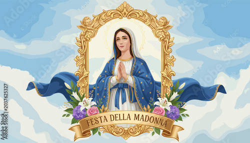 Tableau sur toile A beautiful illustration of the Madonna in a golden frame, surrounded by blue ribbons and flowers, celebrating Festa della Madonna