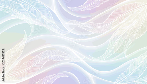 Obraz na płótnie Abstract pastel background with delicate white feather-like swirls and flowing lines, evoking a sense of lightness and serenity