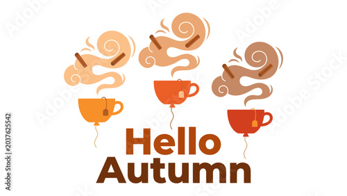 Canvastavla Hello Autumn Mugs: Three whimsical ceramic mugs, shaped like balloons, float in the air, each filled with steaming hot beverage, releasing aromatic swirls and spice elements