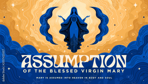 Fotografía Artistic depiction of the Assumption of the Blessed Virgin Mary into Heaven, with Mary in blue against a golden, wavy background