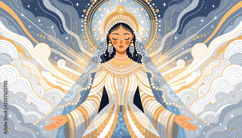 Bild auf Leinwand A radiant depiction of a divine feminine figure adorned in ornate white and gold attire, with arms outstretched in a gesture of blessing amidst a celestial, starry backdrop