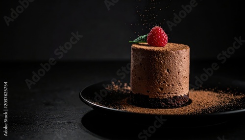 Rich individual flourless chocolate cake with raspberry and cocoa dusting on a black plate