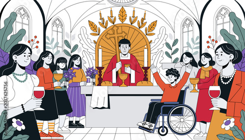 Valokuva A stylized illustration of a priest conducting a religious ceremony in a church, with congregants, including a person in a wheelchair, participating