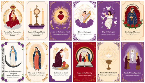 Schilderij op canvas Collection of Catholic religious cards featuring various devotions, saints, and biblical scenes with ornate borders and illustrations