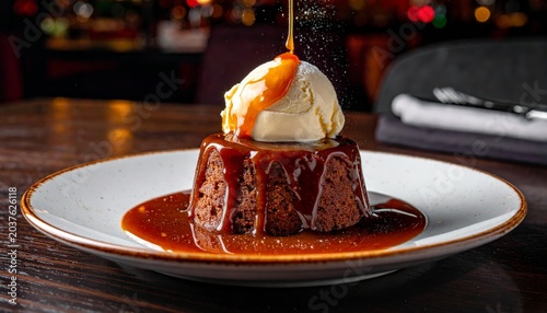 Rich molten caramel sauce cascading over a sticky toffee pudding cake with a scoop of vanilla ice cream served on a white plate in a warm restaurant setting