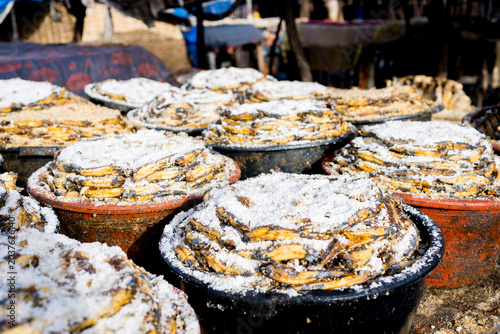 dried and smoked fish with salt in Senegal in west africa in the town of Kafountine, part of african diet and protein nutrition for the african population