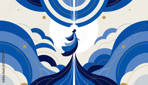 Fotografía Abstract illustration of a solitary figure ascending amidst swirling blue and white organic shapes, evoking a sense of spiritual or creative journey