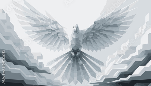 Foto A majestic white dove with outstretched wings soars through a cloudy sky, symbolizing peace and hope