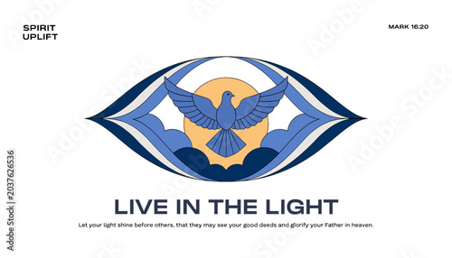 Foto A stylized blue eye illustration with a dove, sun, and clouds, accompanied by the spiritual message 'Live in the Light' and a Bible verse